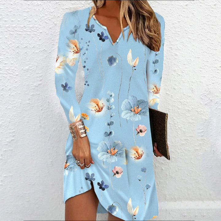 Women’s Floral V-Neck Midi Dress with Asymmetrical Hem and Long Sleeve Mune Fashion