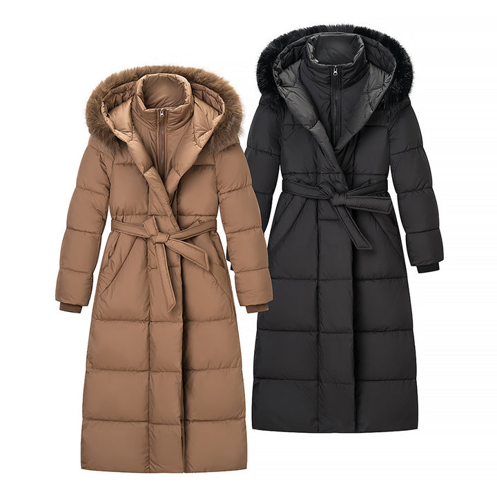 Women’s Quilted Longline Coat with Hood and Waist Belt Mune Fashion