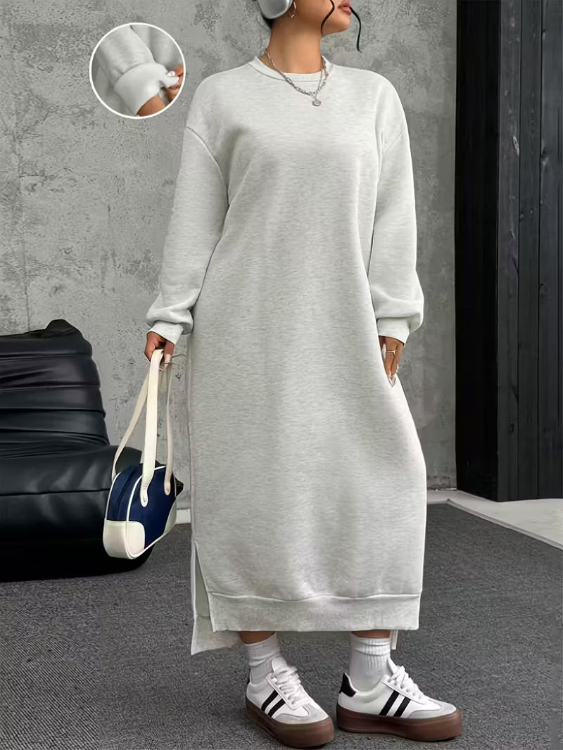 Women's Oversized Sweat Dress Midi Length with Side Slits and Ribbed Cuffs Mune Fashion