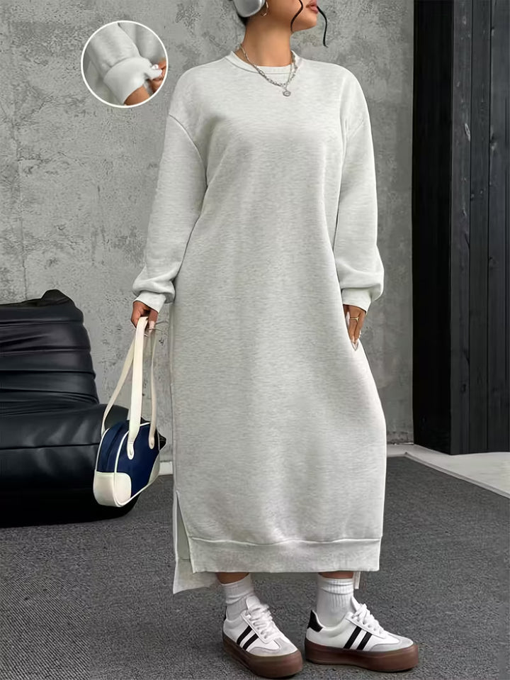Women's Oversized Sweat Dress Midi Length with Side Slits and Ribbed Cuffs Mune Fashion