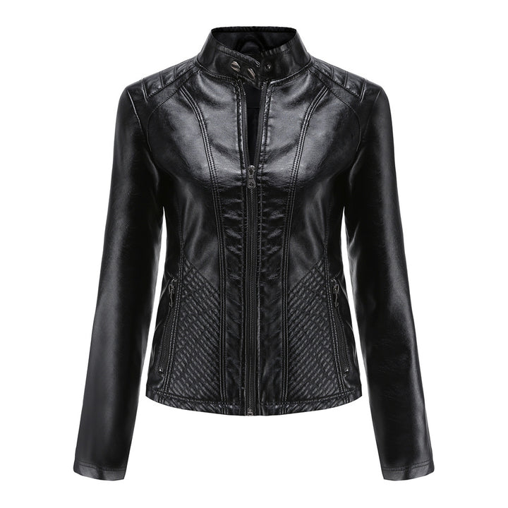 Women's fitted biker faux leather jacket with stand collar and quilted side panel Mune Fashion