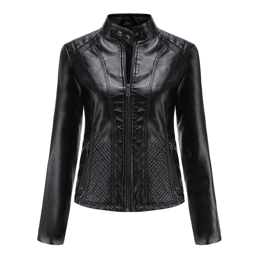 Women's fitted faux leather jacket in biker style with standing collar and quilted side panels Mune Fashion