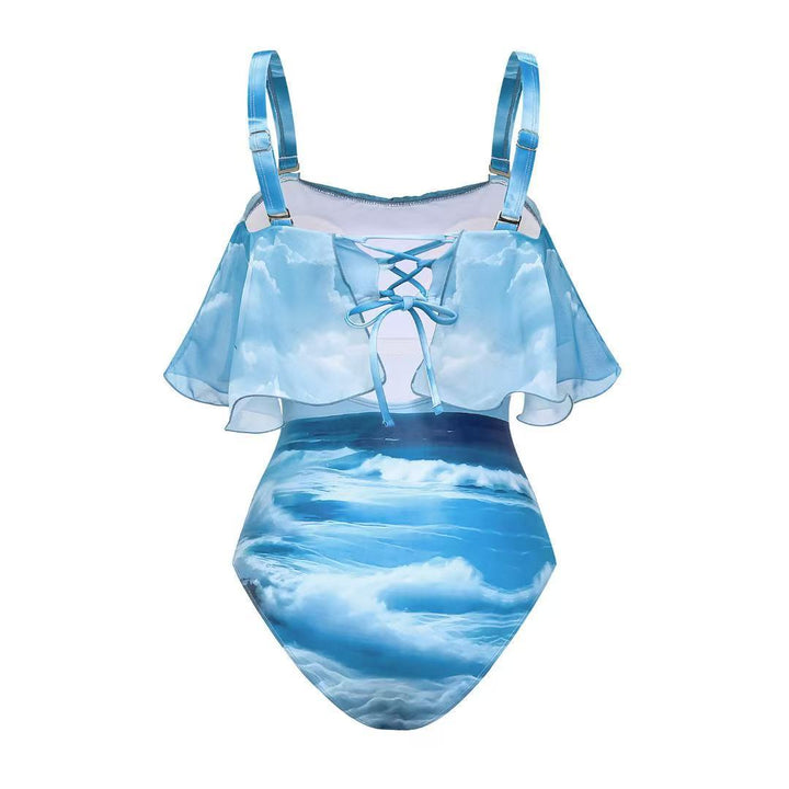 Ladies swimsuit with accompanying ruffle skirt and maritime motif Mune Fashion