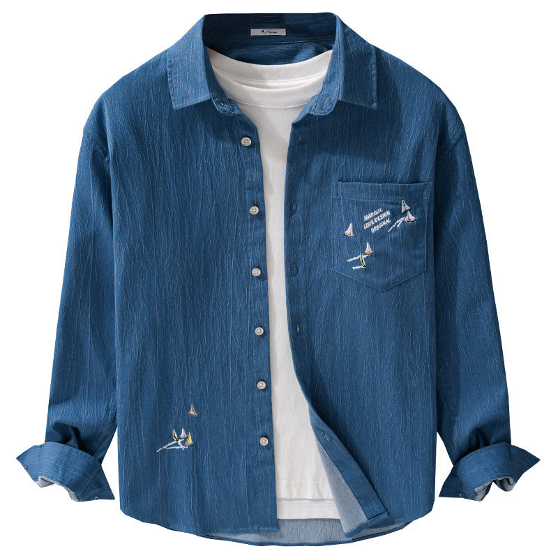 Men's Textured Chambray Overshirt with Maritime Embroidery and Chest Pocket Mune Fashion