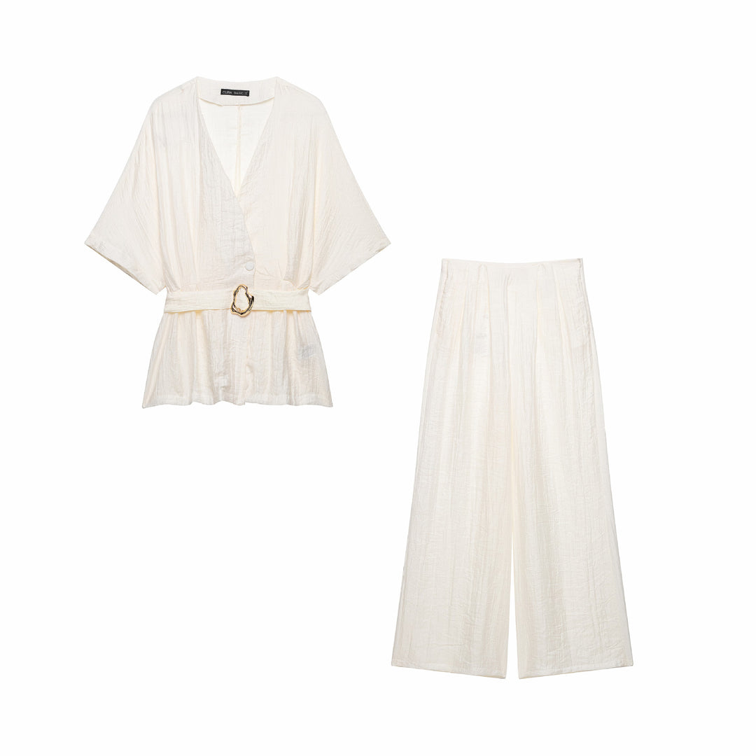 Women Two-Piece Linen Look Set with Kimono Top and Wide High Waisted Pants Mune Fashion