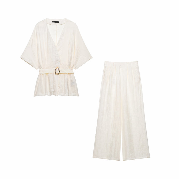 Women Two-Piece Linen Look Set with Kimono Top and Wide High Waisted Pants Mune Fashion