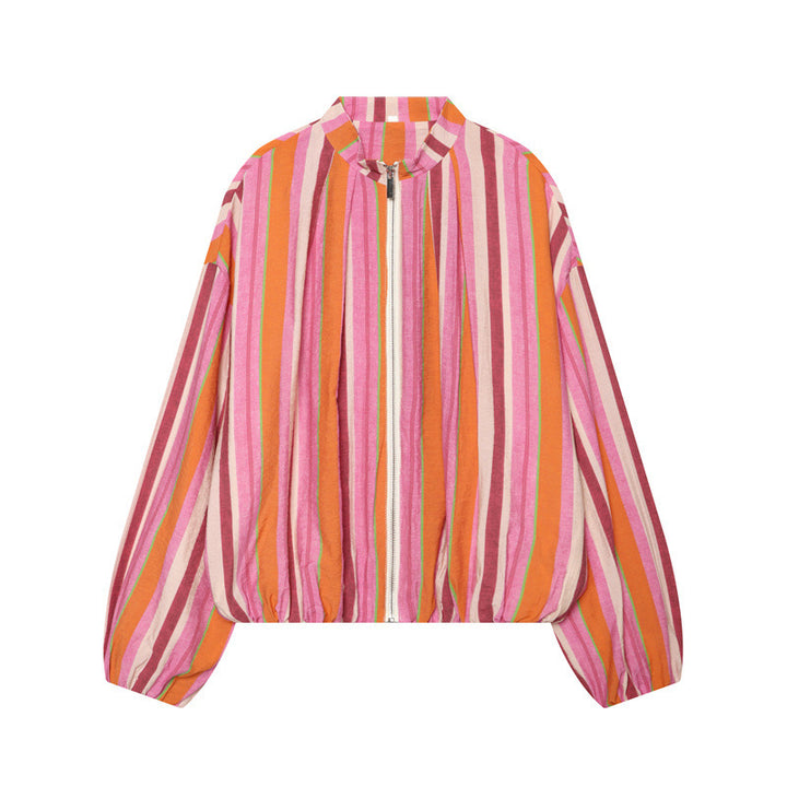Women Oversize Lightweight Bomber Jacket made of striped woven fabric with standing collar, zipper, and elastic hem Mune Fashion