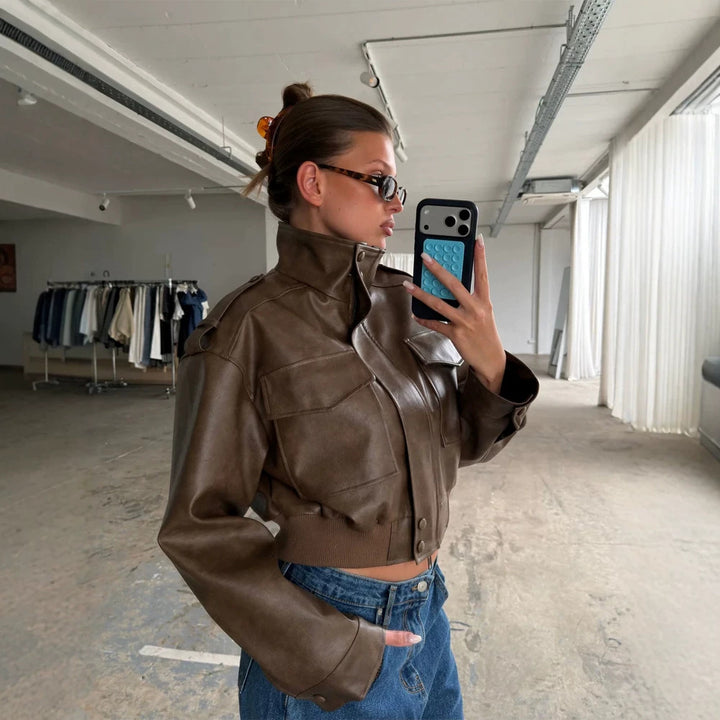 Women's Short Utility Bomber Jacket made of Vegan Leather with High Stand-Up Collar Mune Fashion