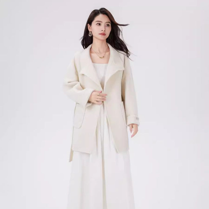 Women's Short Wrap Wool Coat with High Button Placket and Patch Pockets Mune Fashion