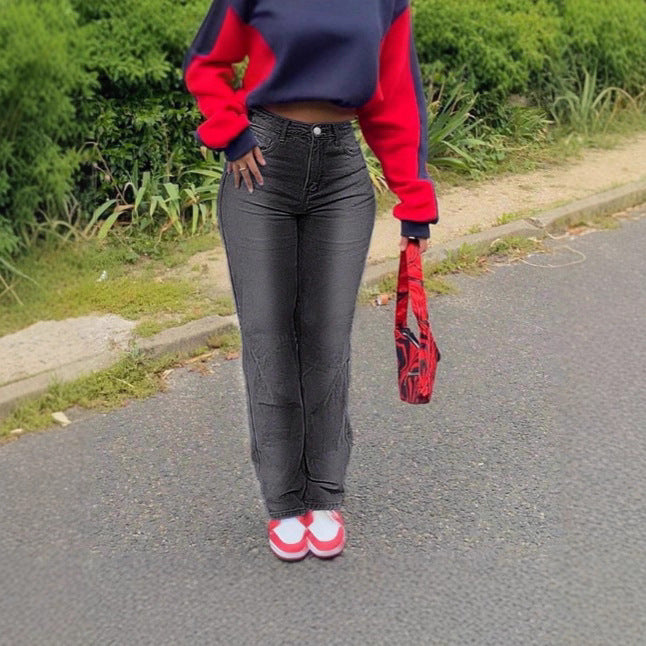 Women's high-waisted straight denim pants with shaping waistband and longer leg Mune Fashion
