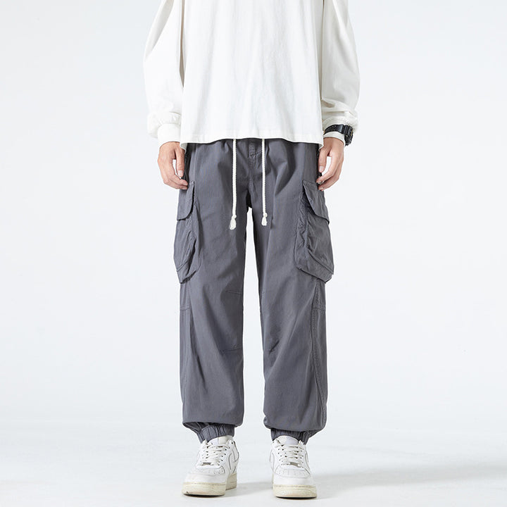 Men's Loose Multifunctional Cargo Joggers with Elastic Drawstring Waistband and Large Flap Pockets Drune