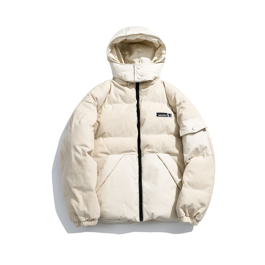 Women's cord quilted puffer jacket with hood and utility arm pocket Mune Fashion