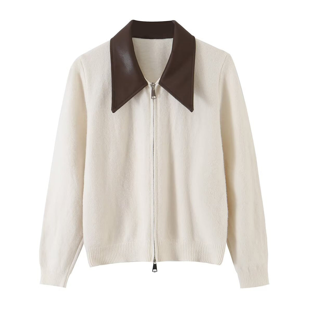 Women Short Wool Blend Cardigan with Zipper and Contrasting Faux Leather Collar Mune Fashion