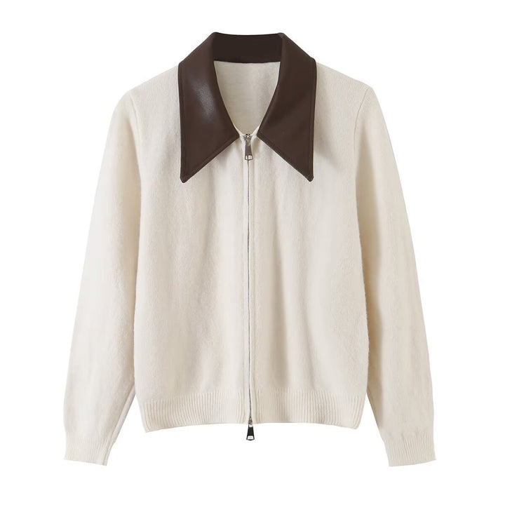 Women Short Wool Blend Cardigan with Zipper and Contrasting Faux Leather Collar Mune Fashion