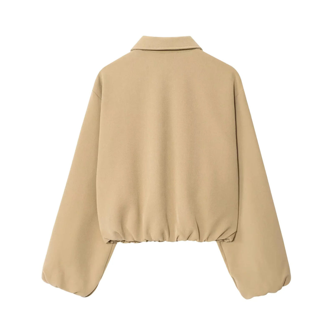 Women's cropped blouson jacket with shirt collar, concealed metal zipper, and elastic hem Mune Fashion
