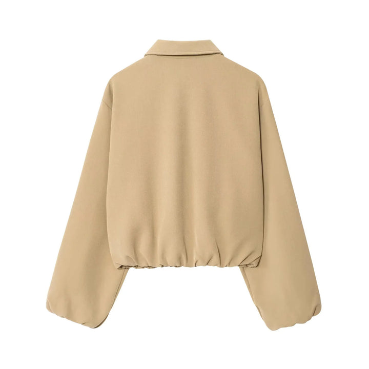 Women's cropped blouson jacket with shirt collar, concealed metal zipper, and elastic hem Mune Fashion