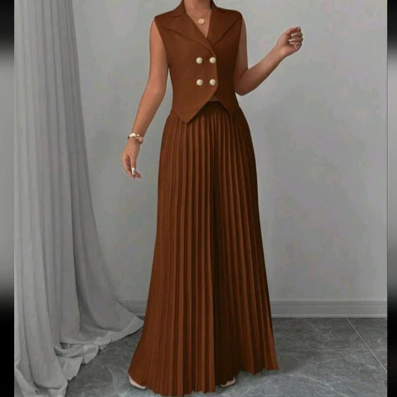 Women's Sleeveless Vest Blazer Top with Lapel and Pleated Palazzo Pants Two-Piece Evening Set Mune Fashion