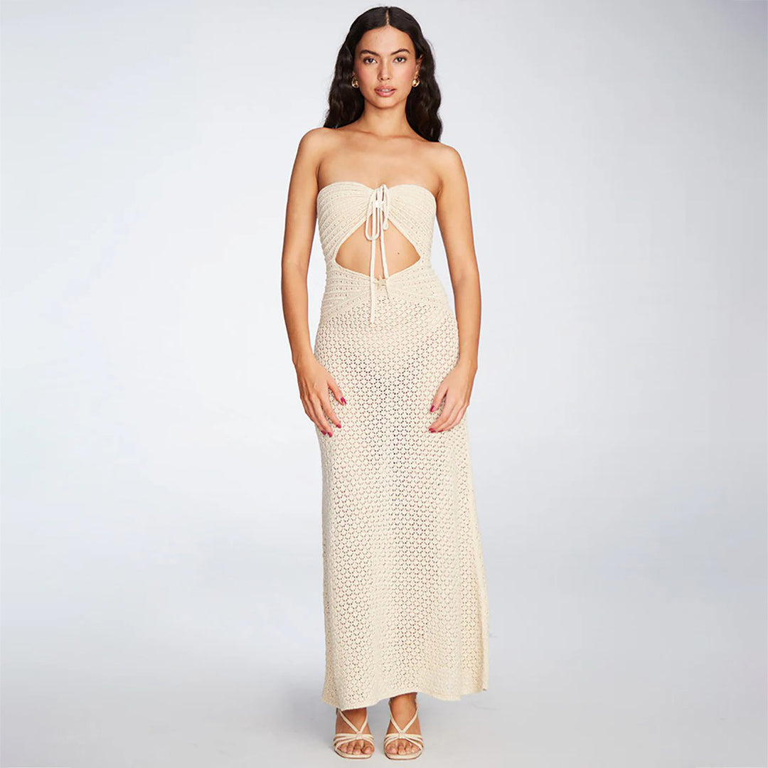 Women's crocheted maxi dress with deep V-neck and side cut-out