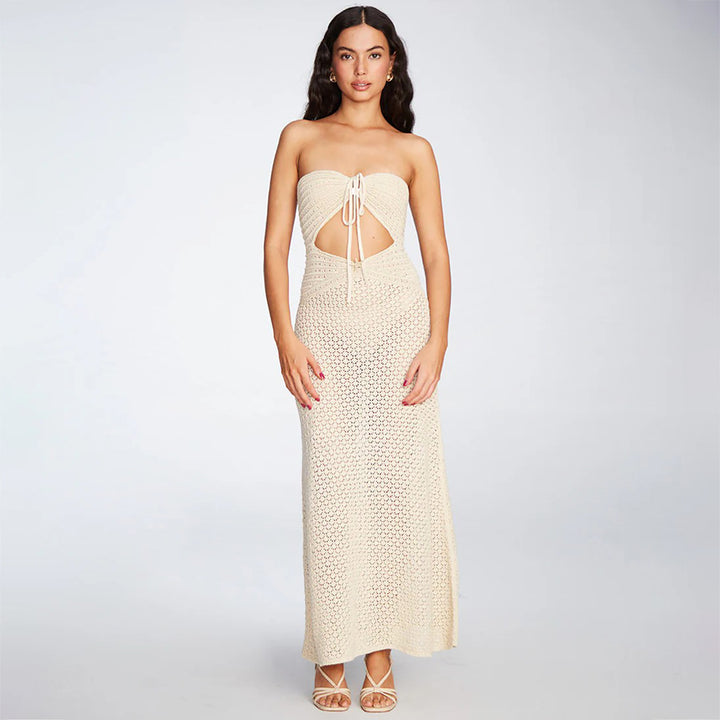 Women's crocheted maxi dress with deep V-neck and side cut-out