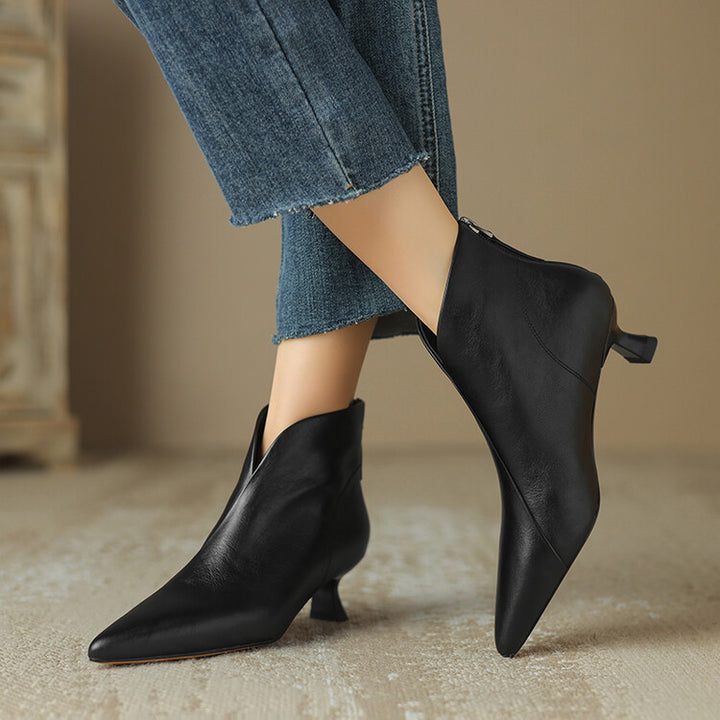 Ladies pointed ankle-high ankle boots with low stiletto heel and side zipper Mune Fashion