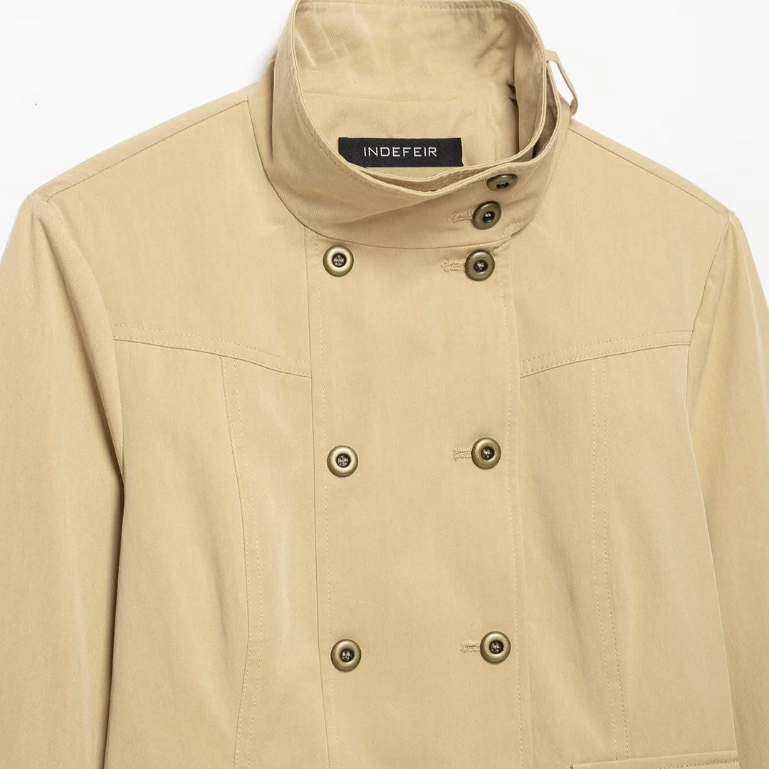 Ladies Short Double-Breasted Utility Jacket with Stand Collar and Flap Pockets Mune Fashion