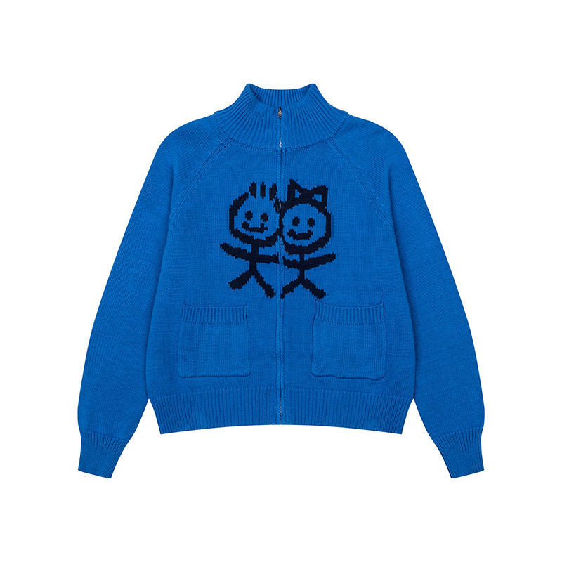 Women's chunky knit zip cardigan with stand-up collar, patch pockets and cartoon intarsia Mune Fashion