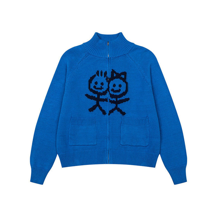 Women's chunky knit zip cardigan with stand-up collar, patch pockets and cartoon intarsia Mune Fashion