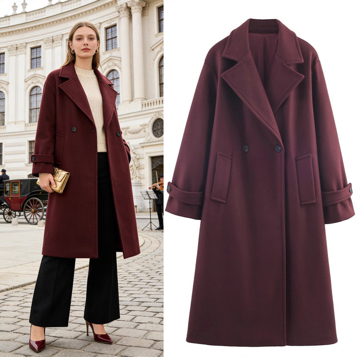 Women Oversized Wool Blend Coat with Double-Breasted Closure, Wide Lapels and Sleeve Tabs Mune Fashion