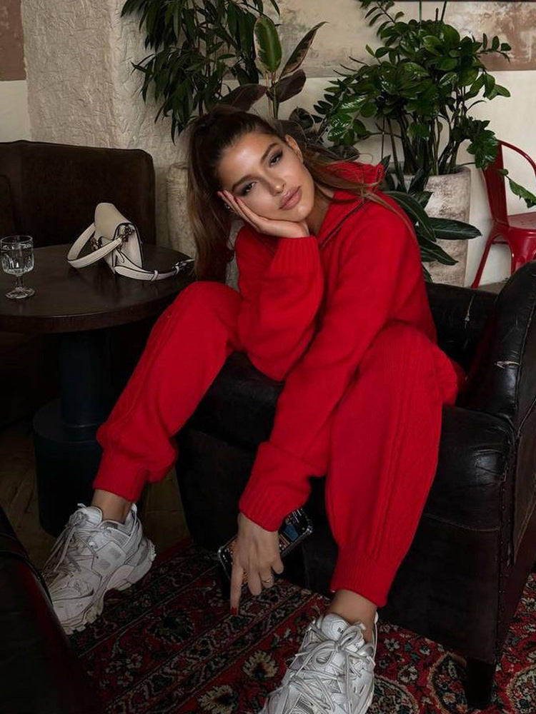 Women's Knit Relax Set with Half Zip, Oversized Sweater and High Waisted Cable Knit Pants Mune Fashion