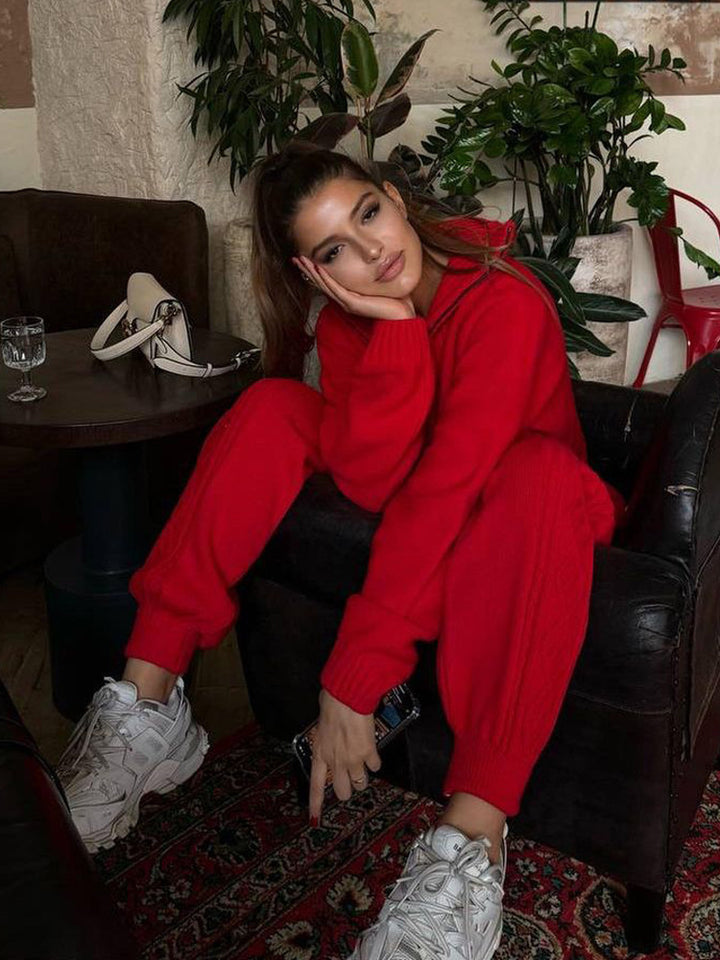 Women's Knit Relax Set with Half Zip, Oversized Sweater and High Waisted Cable Knit Pants Mune Fashion