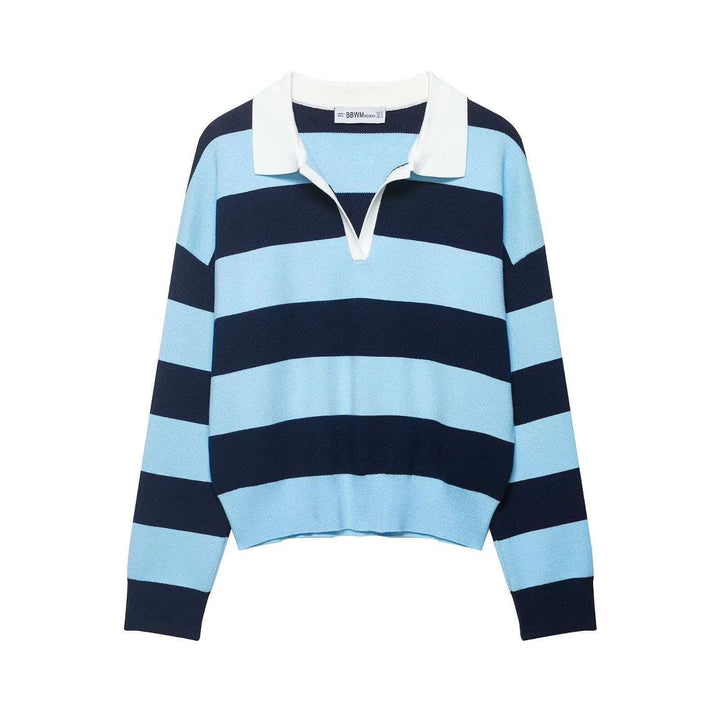 Women striped rugby knit sweater with polo collar and loose oversized fit Mune Fashion