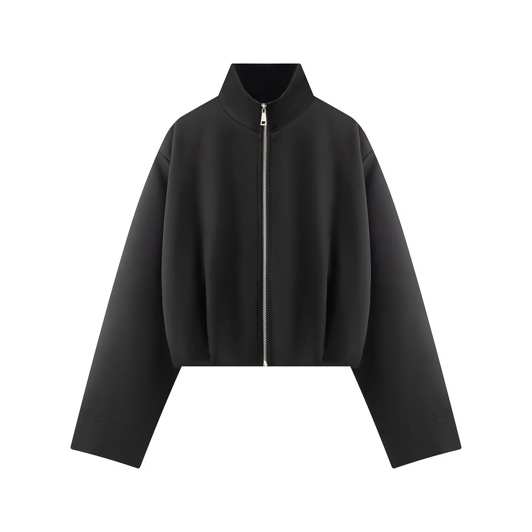 Women's Short Boxy Jacket with High Stand Collar, Full Zip and Oversized Sleeves Mune Fashion