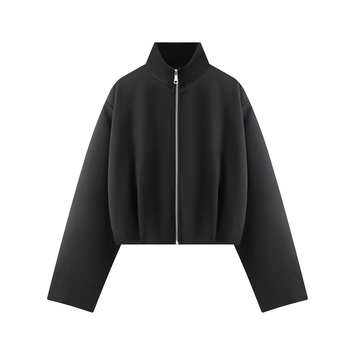 Women's Short Boxy Jacket with High Stand Collar, Full Zip and Oversized Sleeves Mune Fashion
