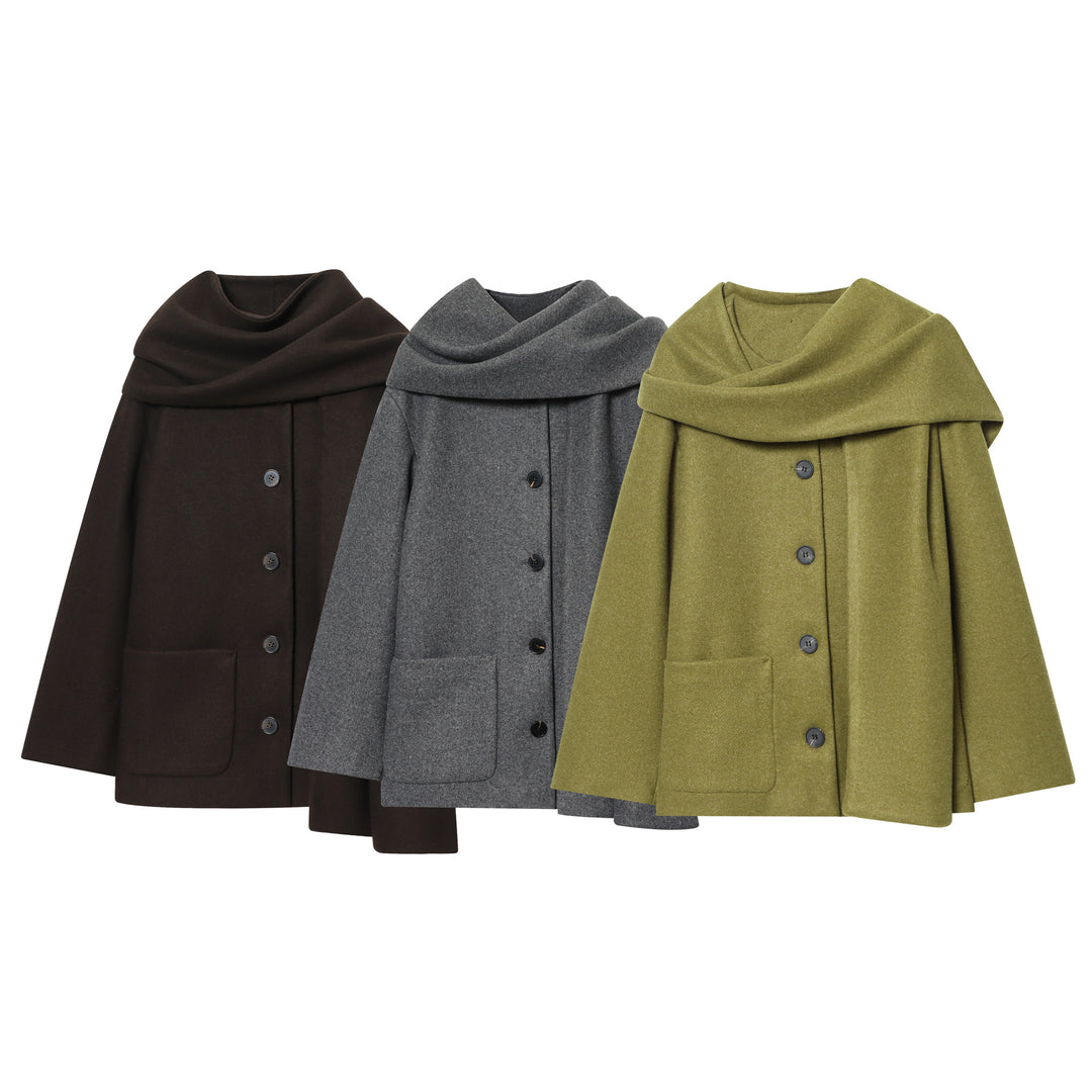 Ladies nan kastiges wool cape with overlapping shawl collar and continuous button placket Mune Fashion
