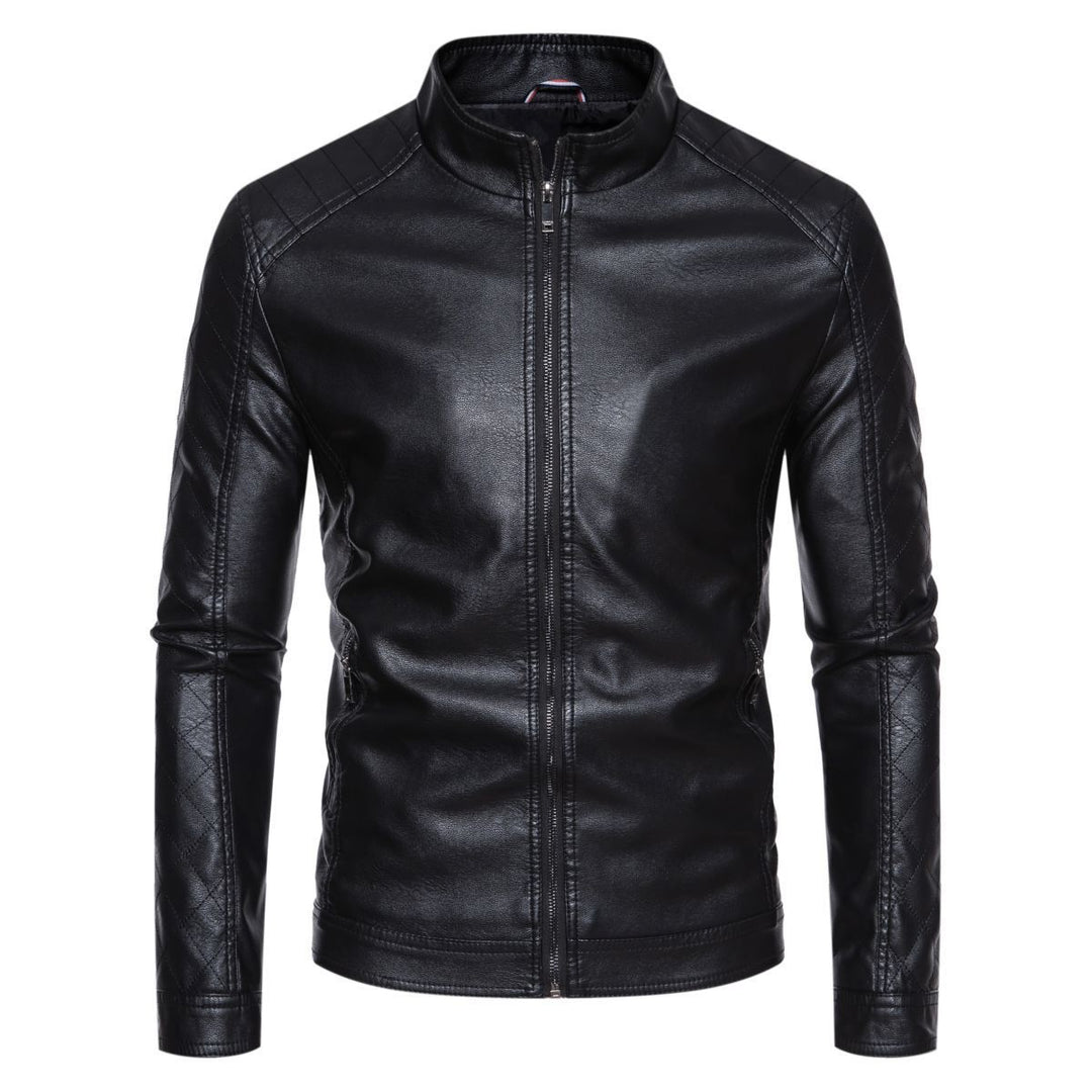 Men's fitted faux leather biker jacket with stand-up collar and quilted sleeve detail Mune Fashion