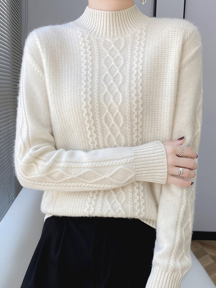Women's Soft Cable Knit Mock Neck Sweater with Light Mohair Effect Mune Fashion
