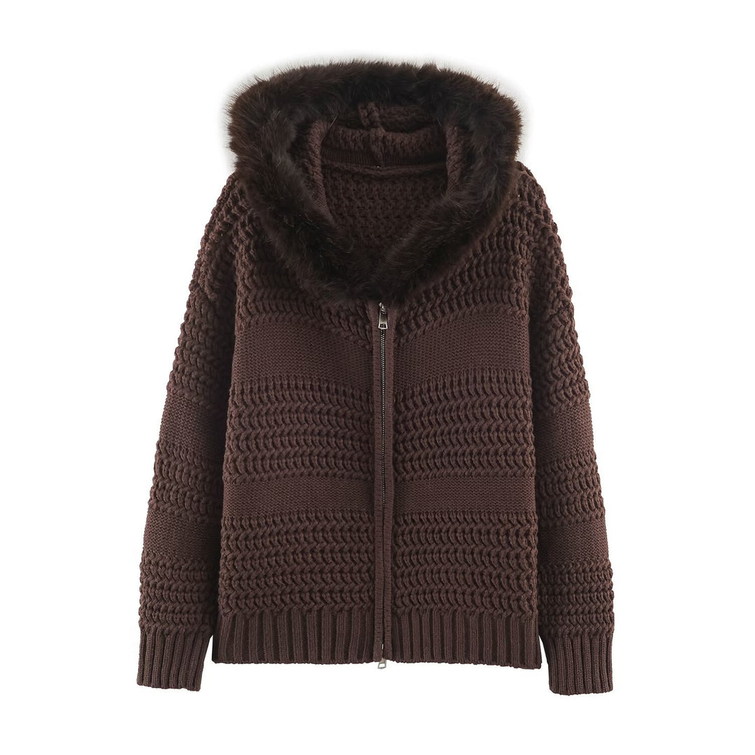 Women's chunky knit cardigan with zipper and faux fur hood Mune Fashion