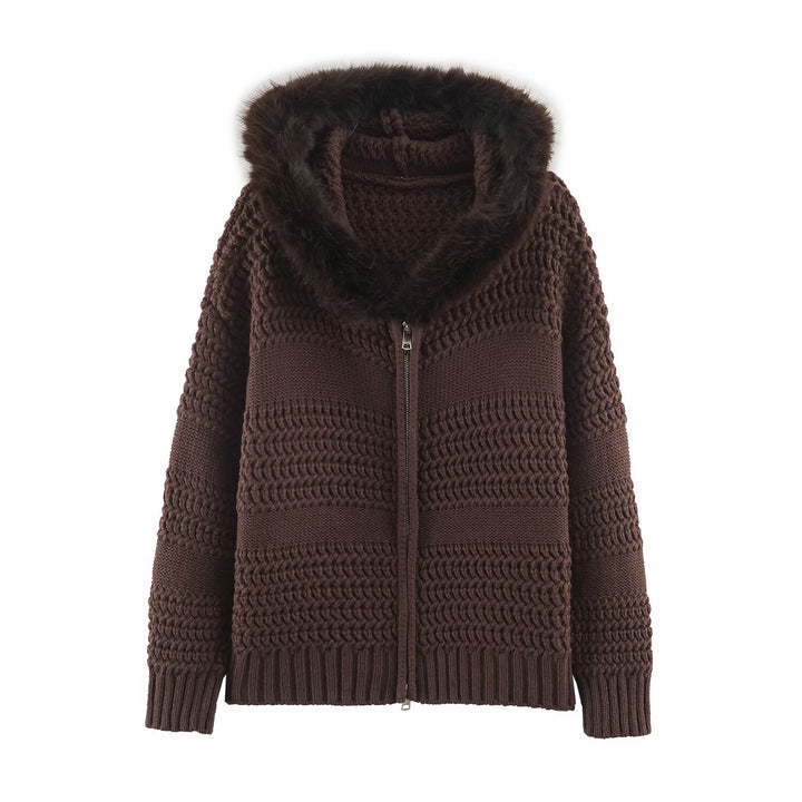 Women's chunky knit cardigan with zipper and faux fur hood Mune Fashion