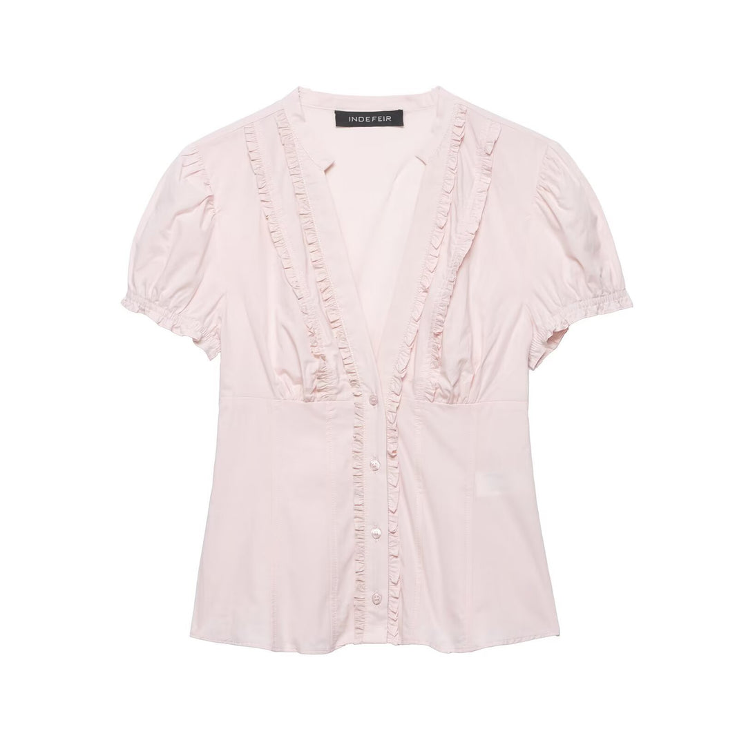 Women's ruffled blouse with V-neck, puff sleeves, and fitted cut Mune Fashion