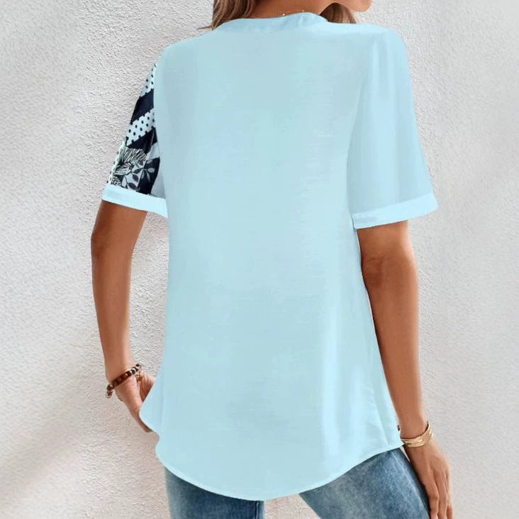 Women two-piece shirt blouse with asymmetrical pattern mix, button placket and loose hip length Mune Fashion