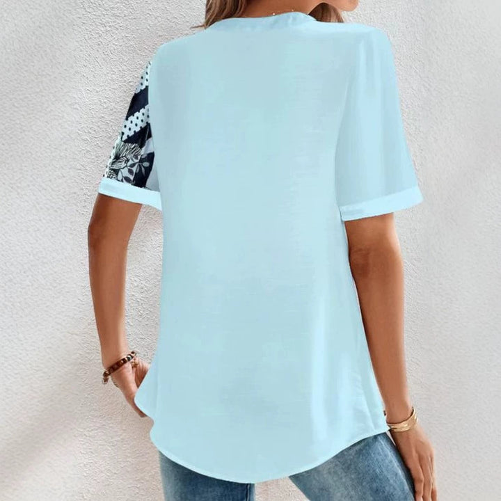Women two-piece shirt blouse with asymmetrical pattern mix, button placket and loose hip length Mune Fashion