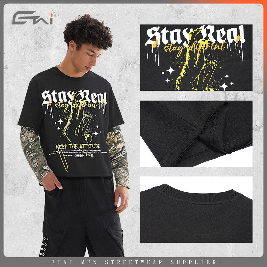 Men's Layered Long Sleeve T-Shirt with Camouflage Inner Sleeves and Gothic Print Mune Fashion