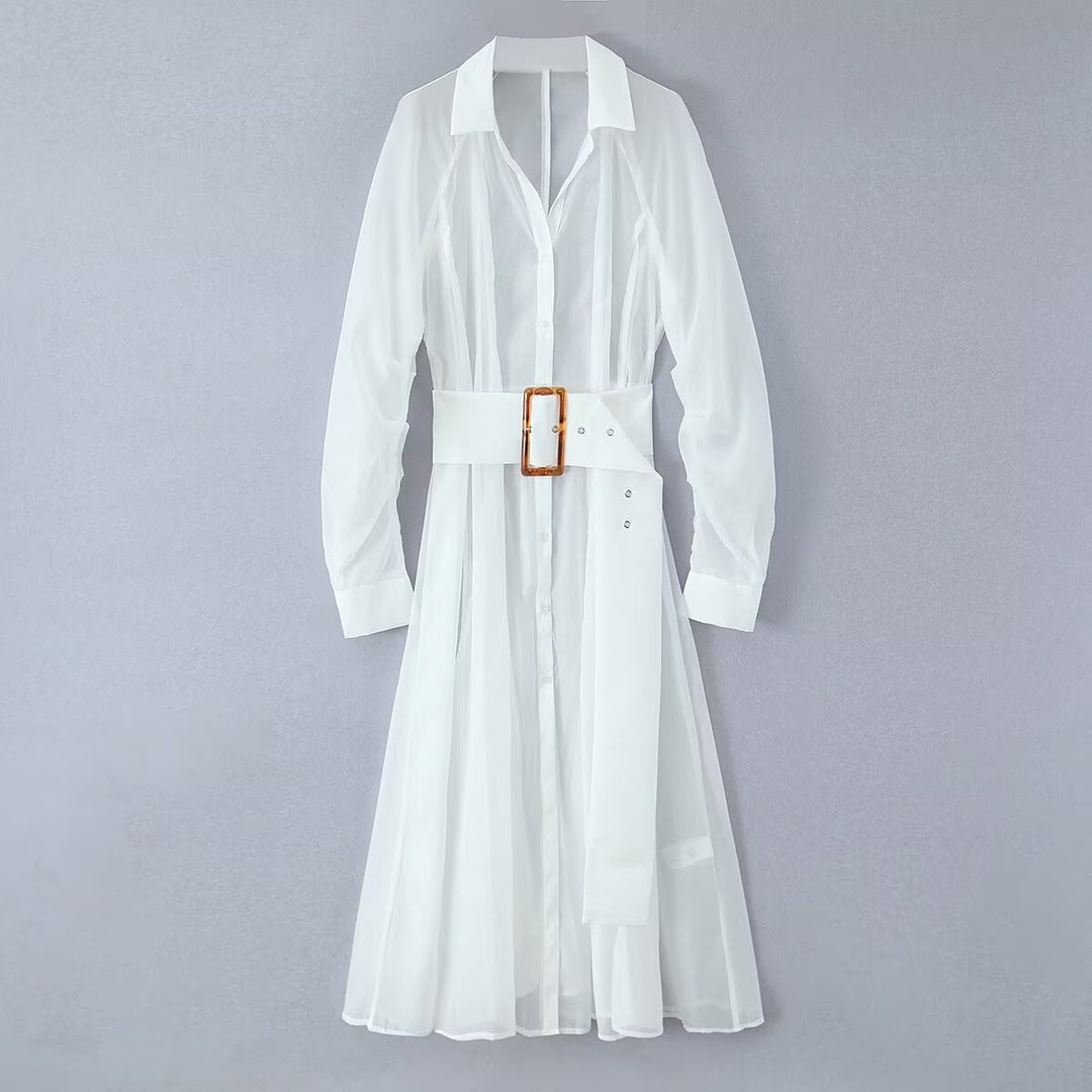 Women's Transparent Shirt Dress with Wide Waist Belt and Ruffled Skirt Mune Fashion
