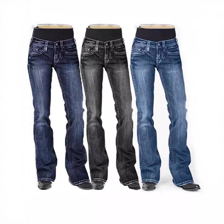 Ladies elegant bootcut jeans with a high waistband and subtle wash