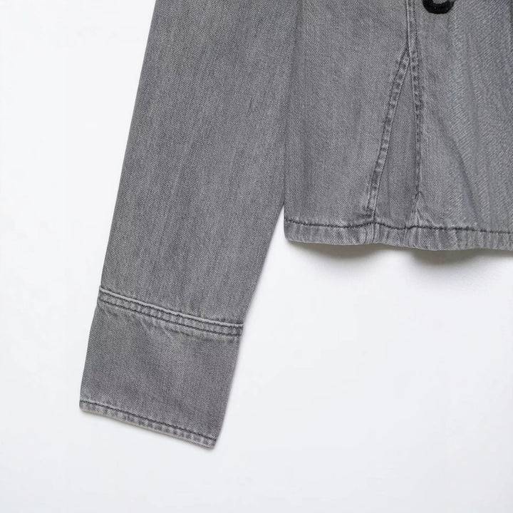 Women Cropped Denim Jacket with Mandarin Collar and Decorative Knot Details Mune Fashion