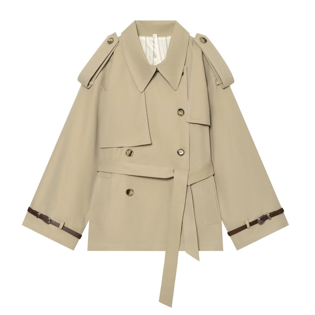 Women's Short Trench Cape with Fitted Tie Belt Mune Fashion