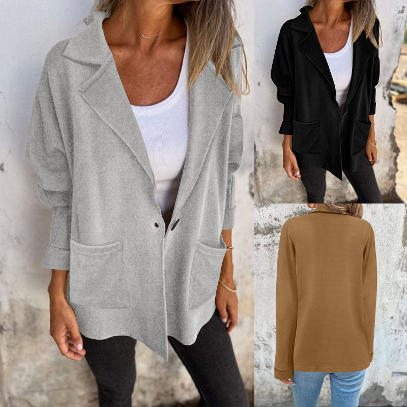 Women's Oversize Blazer-Cardigan with Notched Collar, Patch Pockets and Rolled Sleeves Mune Fashion