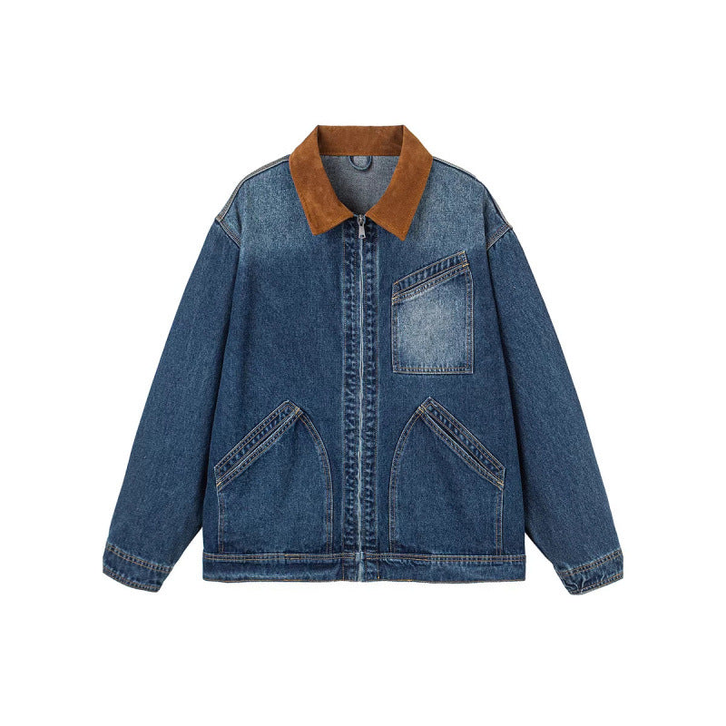 Men's Boxy Denim Jacket in Worker Style with Cord Collar and Front Zipper Mune Fashion