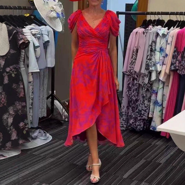 Women's festive chiffon mididress with crossed V-neck, waist gathering, and asymmetrical tulip skirt Mune Fashion