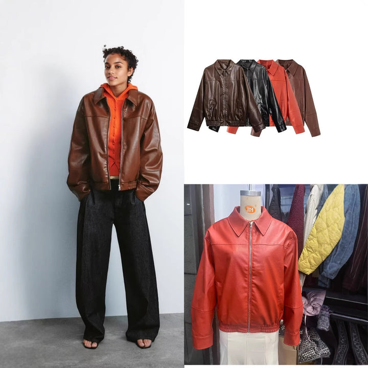 Women Boxy Faux Leather Blouson Jacket with Shirt Collar, Zipper and Elastic Hem Mune Fashion